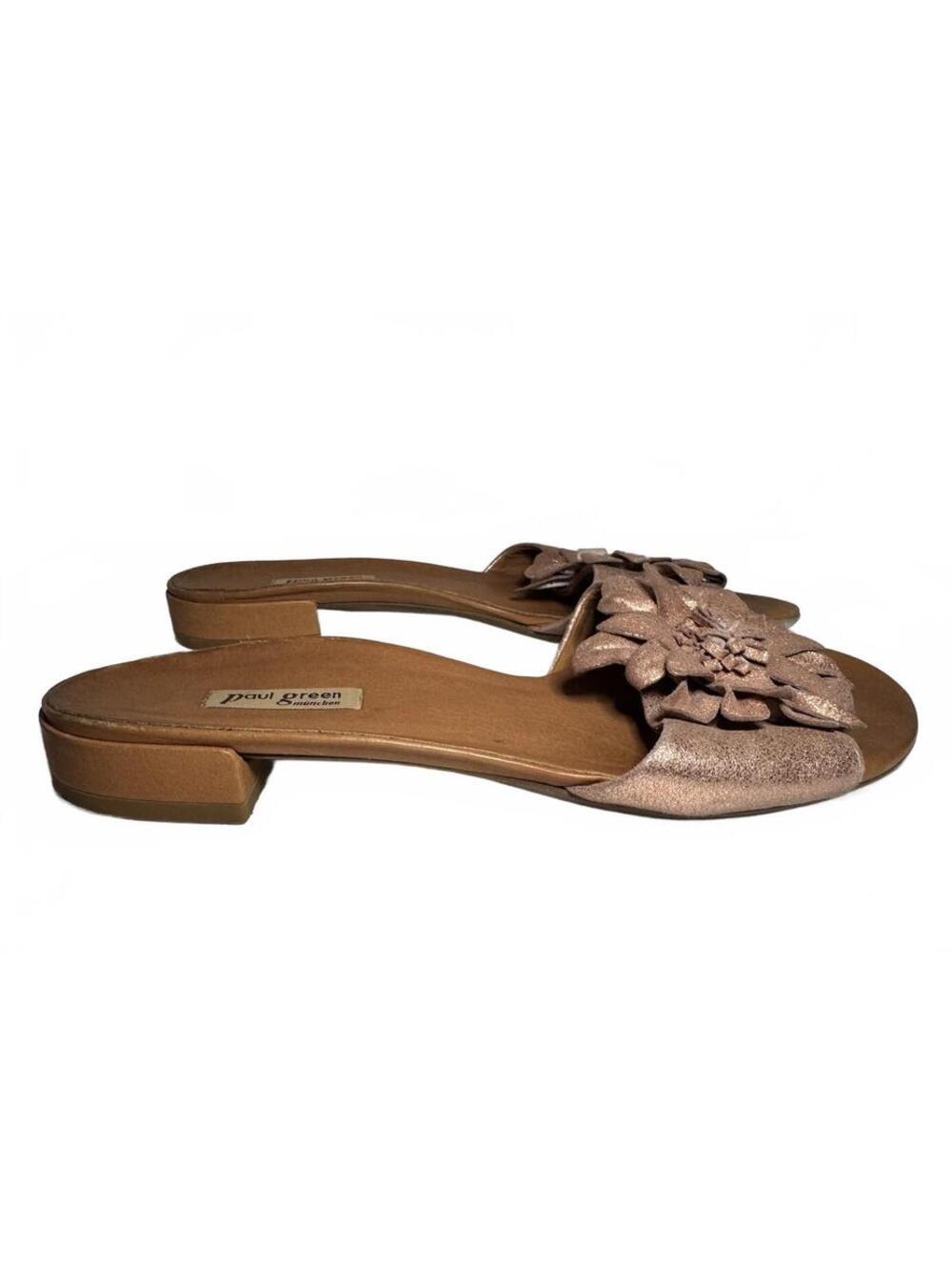 Paul Green Women's Metallic Rose Gold Leather Flower Thong Sandals Size 5.5